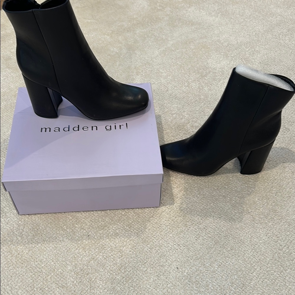 Madden Girl Black Heeled Boots with Chunky Block Heel